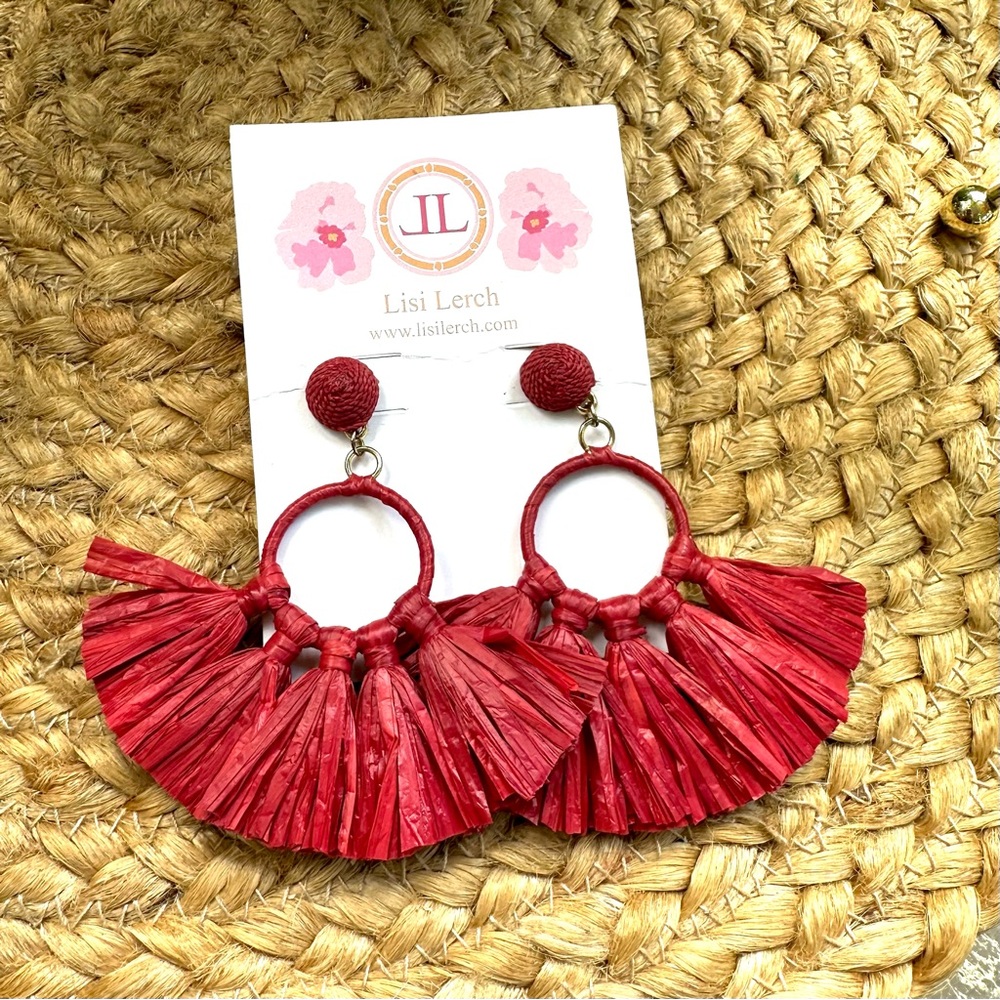 Lisi Lerch Red Raffia Tassel Earrings New